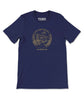 Navy blue t-shirt with yellow illustrated line drawing of a town with a UFO over it that says in small lettering "THE GLENN CLOSE TRIO 2015 AMERICAN TOUR"