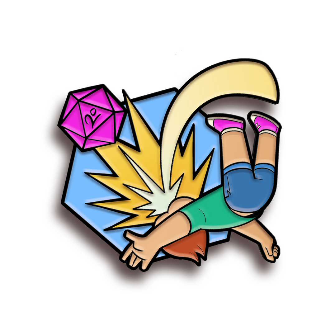 Black plated enamel pin of a kid falling backward after being hit in the face with a pink D20.