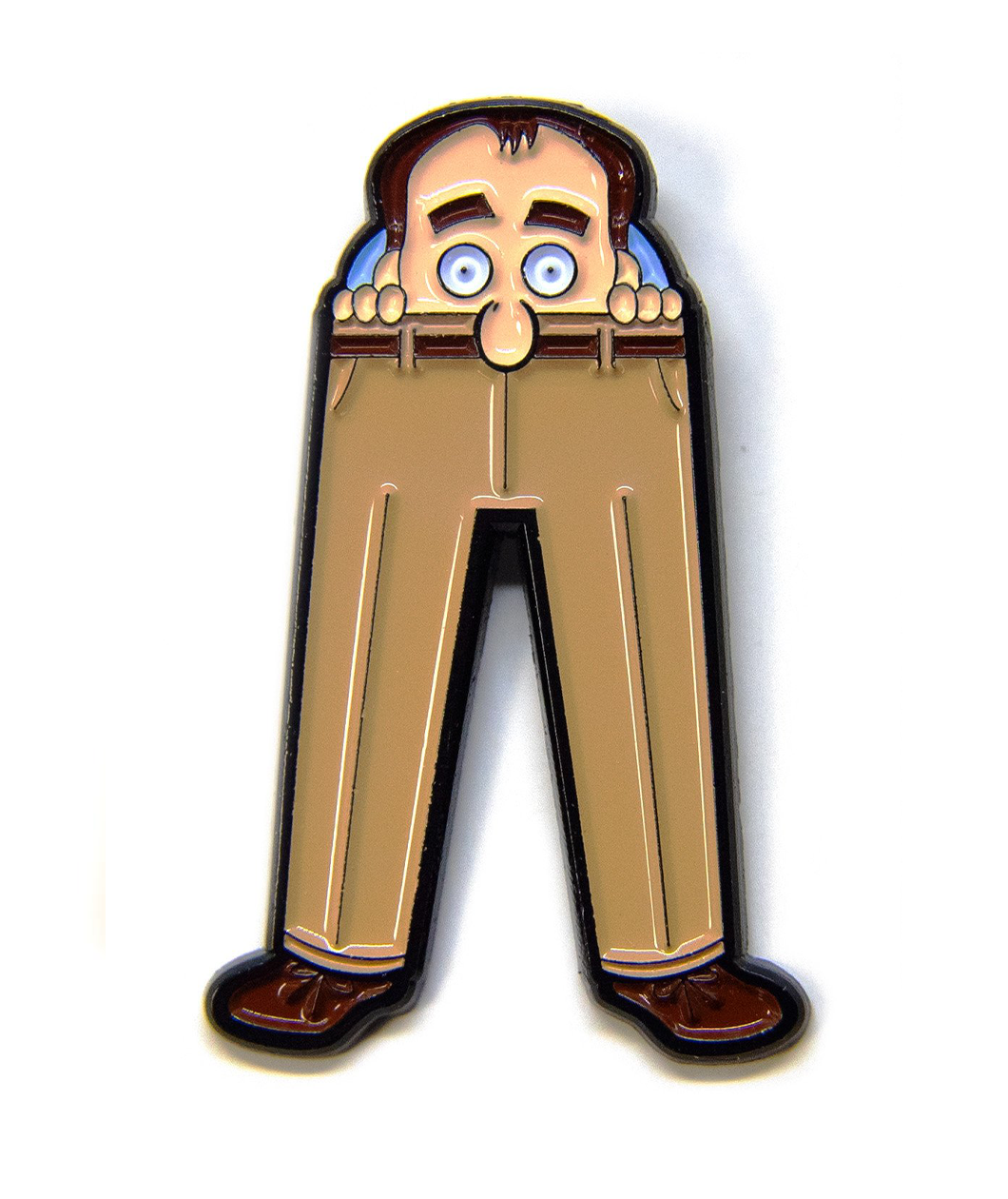Ron Stampler's head peering out of a pair of khaki dress pants in pin form.