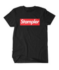Black t-shirt with a red rectangle screenprinted and the word Stampler in white on top of it to look like the Supreme logo.