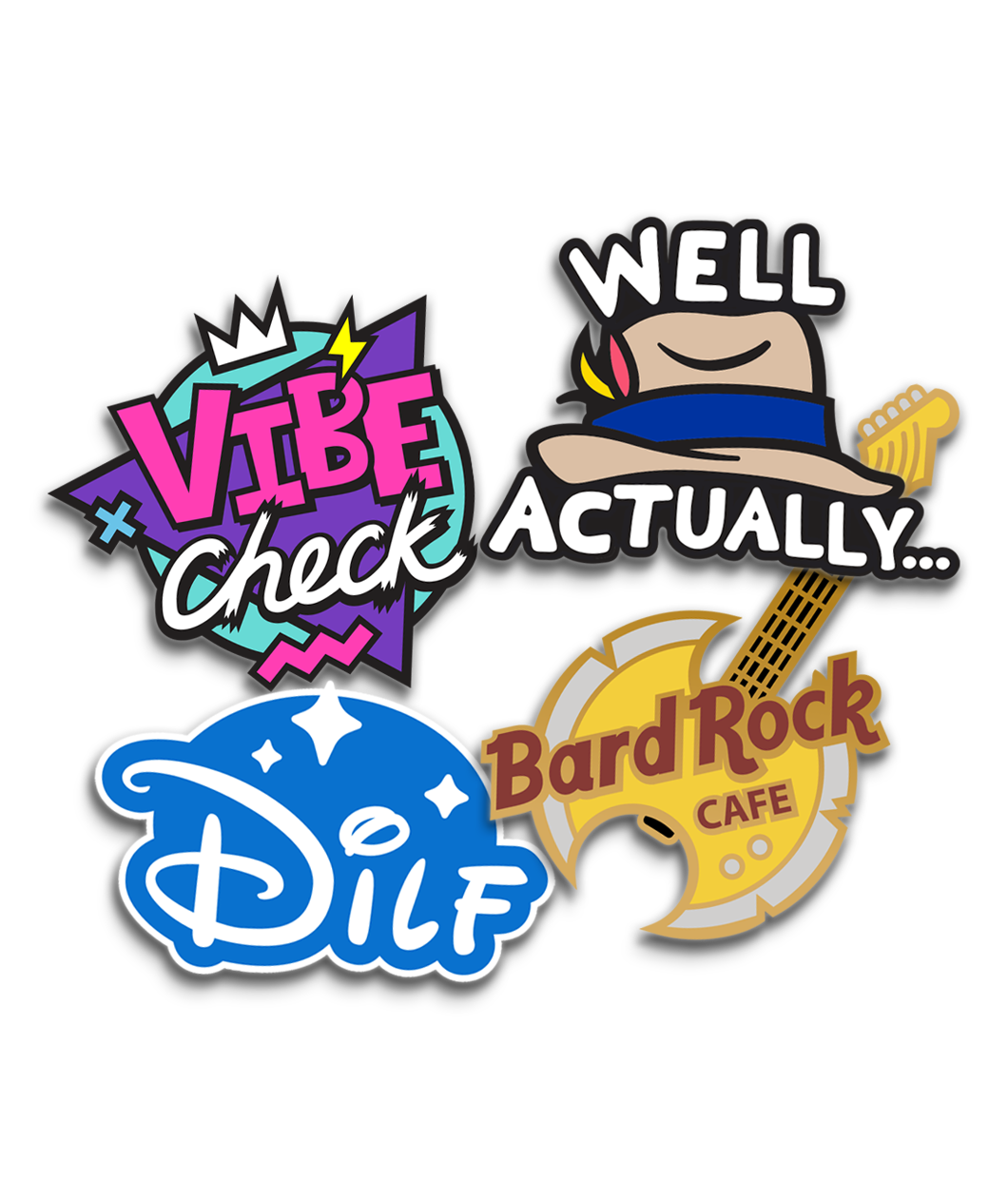 90s themed sticker that says "Vibe Check", a khaki colored fedora with blue ribbon and feathers that says, "Well Actually..." in white around it. A sticker that looks like the Disney logo, but it says DILF. A sticker of an electric guitar with a yellow axe head for the body and says Bard Rock Cafe in burgundy on it.