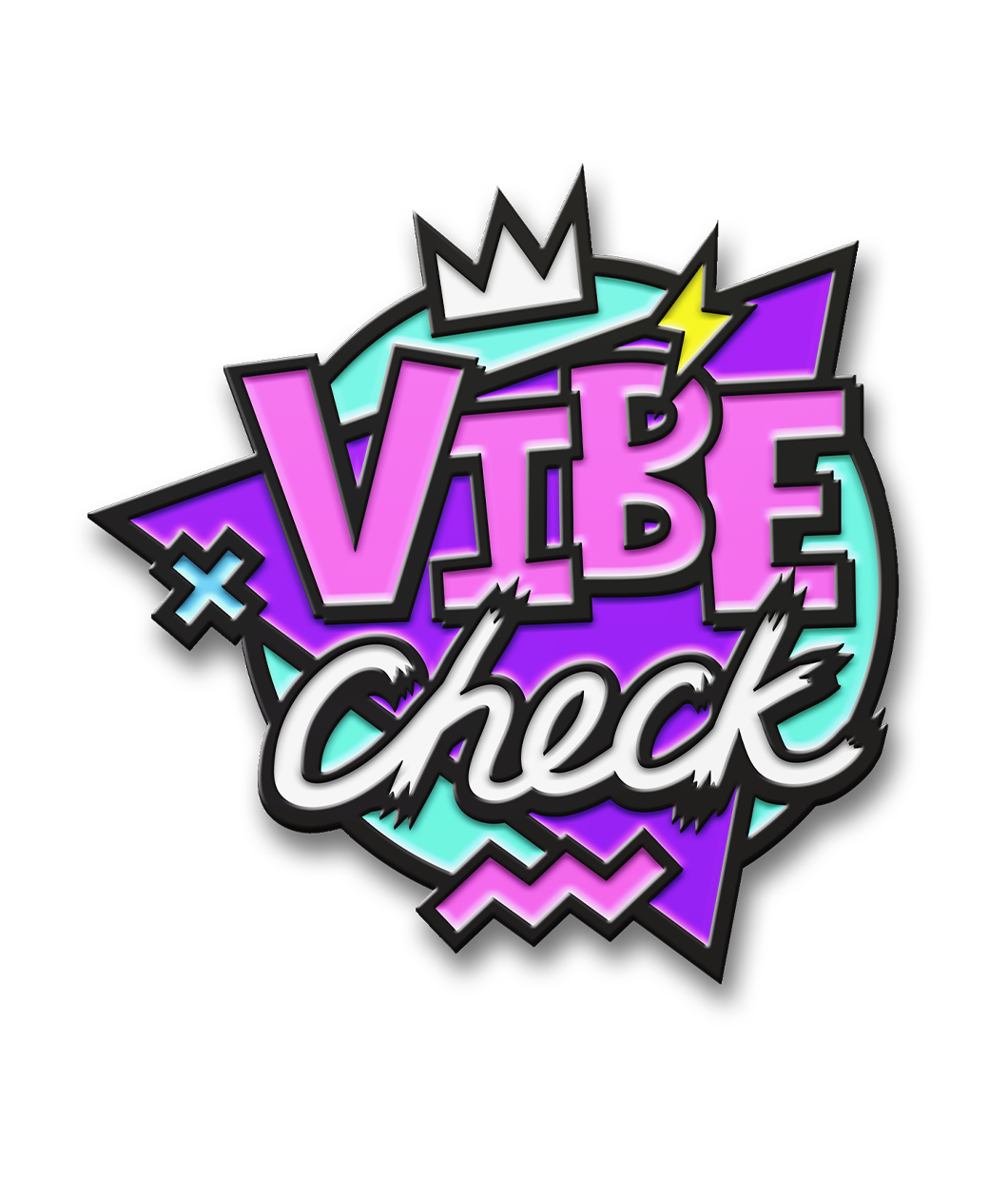 Black plated enamel pin with the words Vibe Check illustrated in bright purple and white. There is a purple triangle and light blue circle in the background and a white doodled crown on top with a small yellow lightning bolt on the B in vibe.