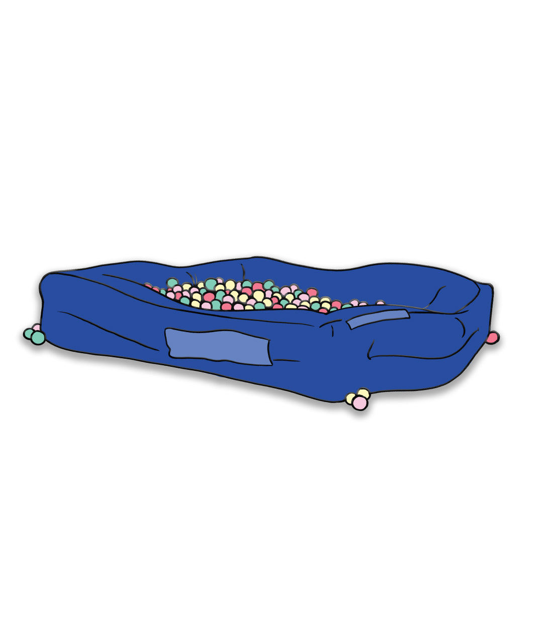 A dark blue pin shaped liked a ball pit with colorful balls inside. From Atypical Artists. 