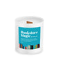 A white jar with a white wax candle. A teal blue square is on the front with “Bookstore Magic” in white serif font following by “by Libro.fm” in small white serif font. Below is a description of the scent in white serif font. On the bottom of the square is a series of different sized and colored books - from Libro.fm
