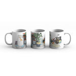 A line of three white mugs each showing a different portion of the mug. The illustration on the mug features a plant, brewing coffee in a pour over, and other counter items. 