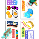 Sixteen different designs of “ DFTBA" stickers across four sticker sheets - from DFTBA Records
