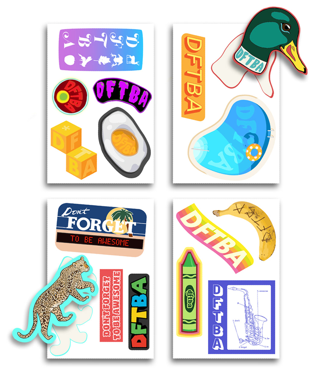Sixteen different designs of “ DFTBA" stickers across four sticker sheets - from DFTBA Records