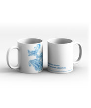 Two mugs sit side by side each showing a different portion of the "I Hope Fish Never Think About Us Mug" from Dear Hank and John. The mug white with a blue map showing ocean with illustrations of fish inside. The text on the mug reads "I hope fish never have to think about us" with very small text reading "*Well, of course they have to think about us sometimes, because we are an inconvenience for them. "