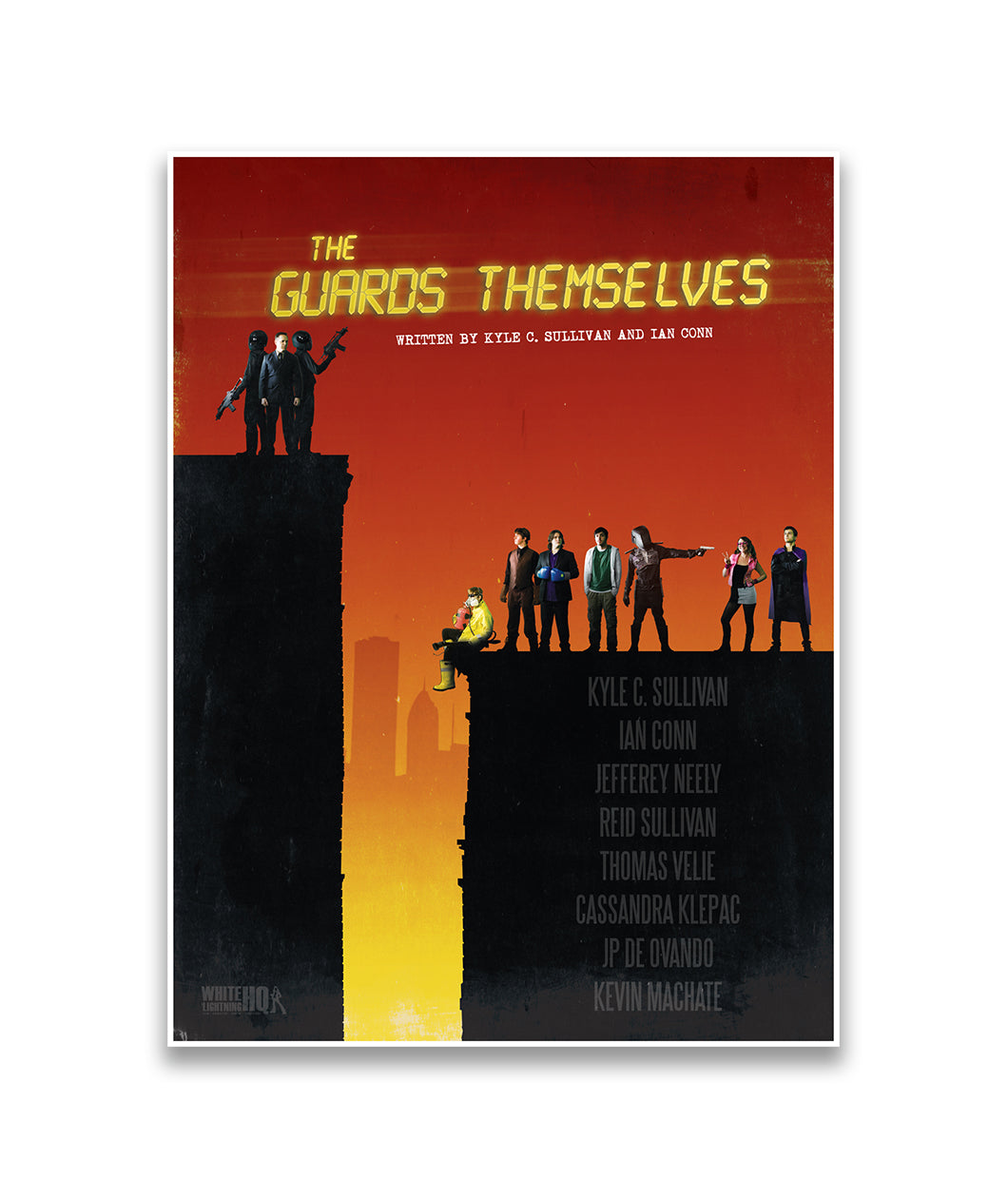 A drawing of two groups of people on top of two skyscrapers in front of an orange and yellow background - by Door Monster