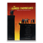 A drawing of two groups of people on top of two skyscrapers in front of an orange and yellow background - by Door Monster