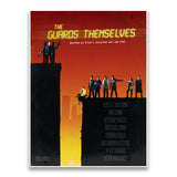 A drawing of two groups of people on top of two skyscrapers in front of an orange and yellow background - by Door Monster