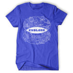 Blue shirt showing a venn diagram with the top half saying "fact" showing images of science and the bottom half of the diagram saying "fiction" with images of aliens and other fantastical creatures. In the intersection of the diagram is the word "Exolore".  