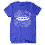 Blue shirt showing a venn diagram with the top half saying "fact" showing images of science and the bottom half of the diagram saying "fiction" with images of aliens and other fantastical creatures. In the intersection of the diagram is the word "Exolore".  