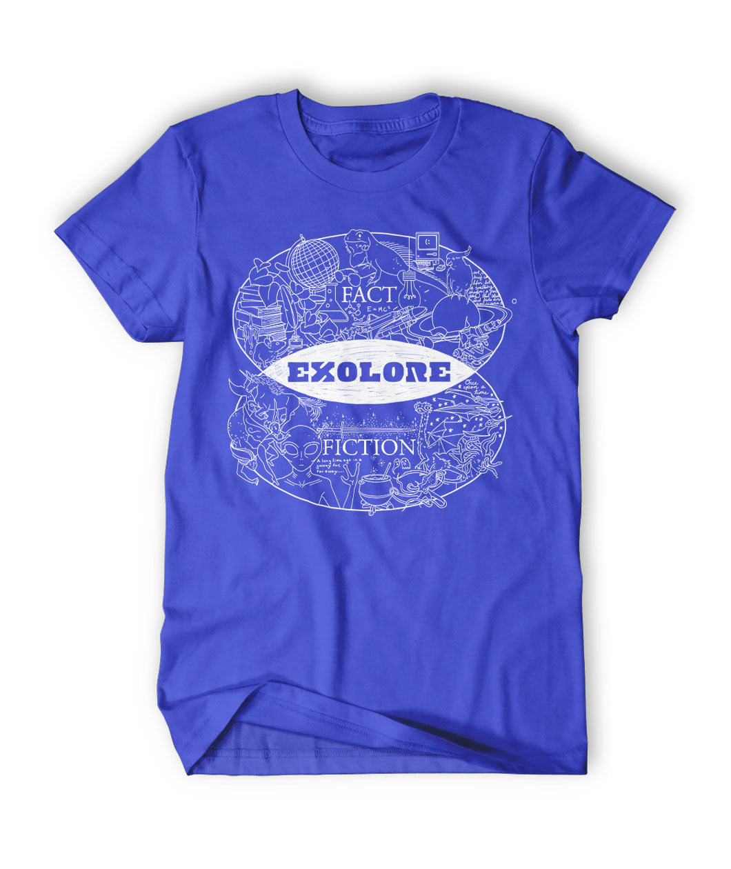 Blue shirt showing a venn diagram with the top half saying "fact" showing images of science and the bottom half of the diagram saying "fiction" with images of aliens and other fantastical creatures. In the intersection of the diagram is the word "Exolore".  