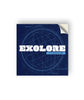 Dark blue square sticker with the faint outline of a globe. Overlayed is white text "Exolore" with a blue rectangle below reading "with Moiya McTier".