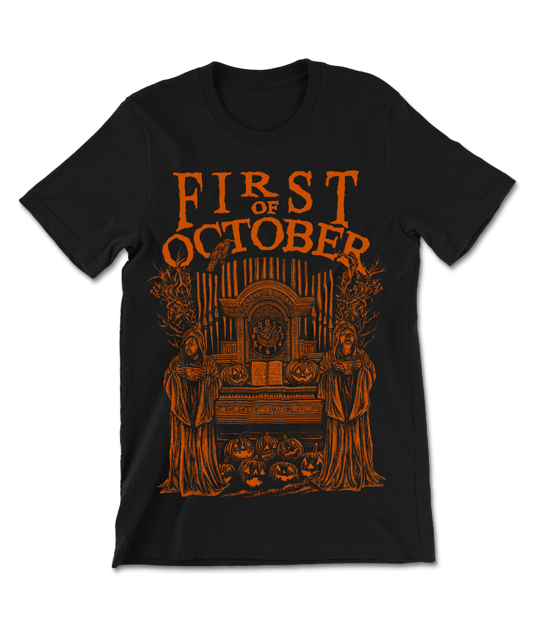 A black t-shirt with orange text that reads "First of October" and has a spooky orange illustration.