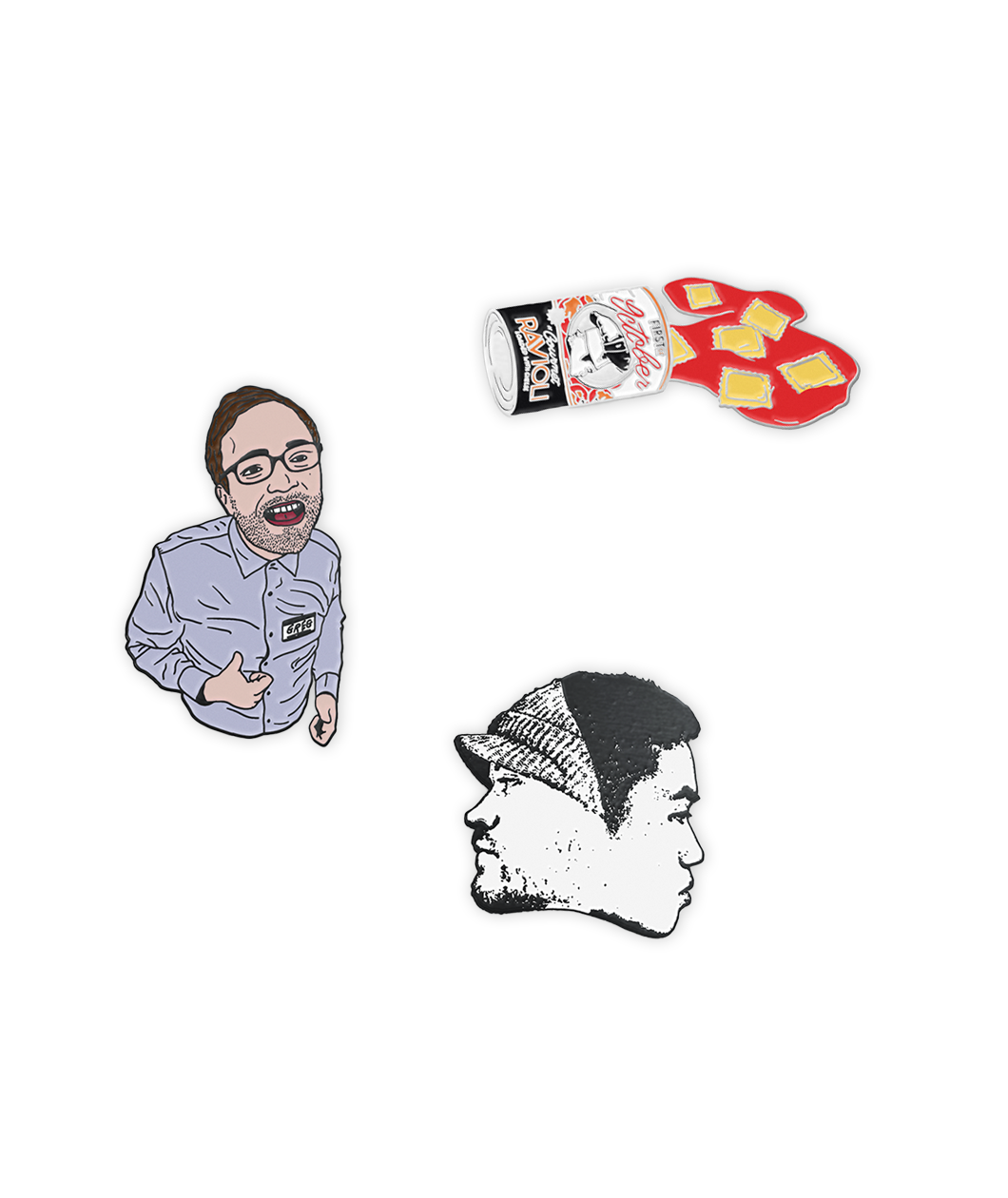 A set of three pins from Rob Scallon's First of October merch. (RobAndrew , Oh no! The Ravioli!, Greg).