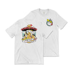 A white t-shirt with a small illustrated head with a yellow ball cap and red hair on the front. On the back of the shirt is a larger print showing two people hiking a mountain that says "Elite Power Hiker". From the Ginger Runner. 