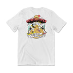 A white t-shirt with  a large print showing two people hiking a mountain that says "Elite Power Hiker" on the back of the shirt. 