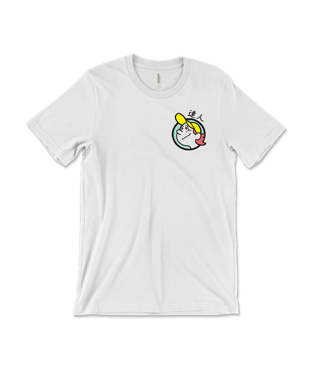 A white t-shirt with a small illustrated head with a yellow ball cap and red hair on the front. From the Ginger Runner.