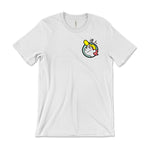 A white t-shirt with a small illustrated head with a yellow ball cap and red hair on the front. From the Ginger Runner.