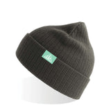 A gray beanie with a teal tab on the cuff. On the tab is a white outlined triangle surrounding a silhouette of a tree. On the left side of tree is “G” and on the right is “R” in white font. Both are conformed to the angle of the triangle - from the Ginger Runner