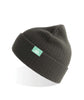 A gray beanie with a teal tab on the cuff. On the tab is a white outlined triangle surrounding a silhouette of a tree. On the left side of tree is “G” and on the right is “R” in white font. Both are conformed to the angle of the triangle - from the Ginger Runner