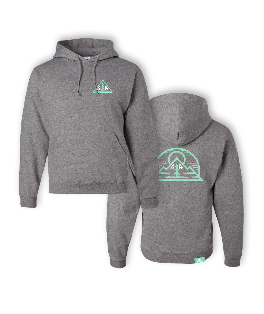 A gray hoodie with a green outline triangle surrounding a green tree. On the left side of the tree is a “G” and on the right is “R” both in white. On the back is a green outline vector drawing of a sun rising above a mountain with a half circle around both. “G” and “R” are in white on either side of a green tree - from the Ginger Runner