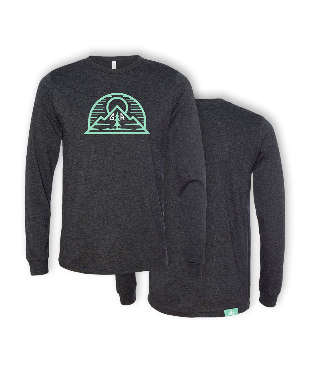 A gray long sleeve shirt. In the center, a green outline vector drawing of a sun rising above a mountain with a half circle around both. “G” and “R” are in white on either side of a green tree - from the Ginger Runner