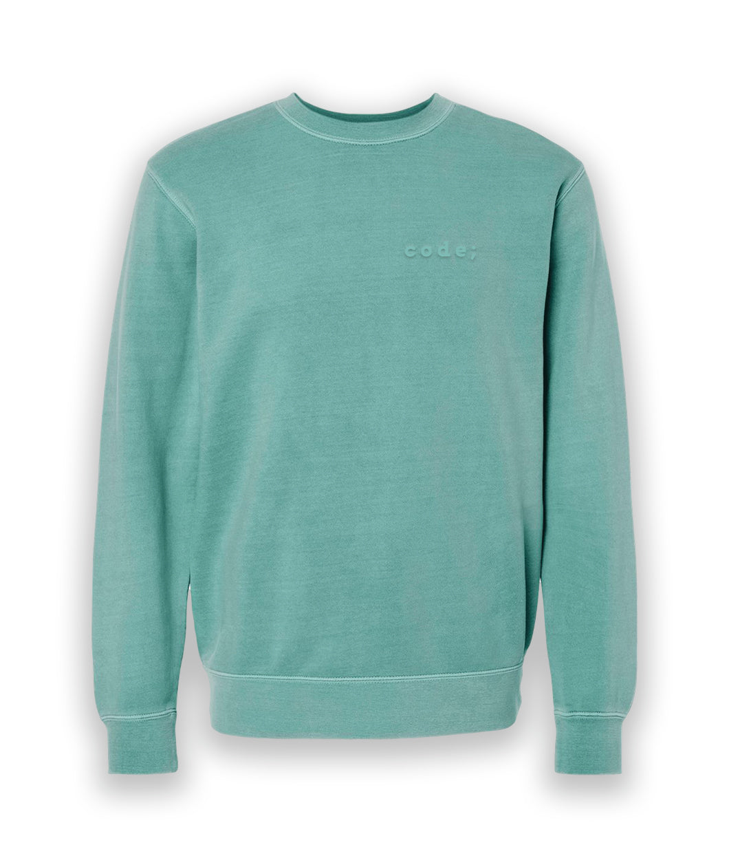 A mint green crewneck sweater with “code;” embroidered in the top right of the sweater in mint green - from Hello Mayuko