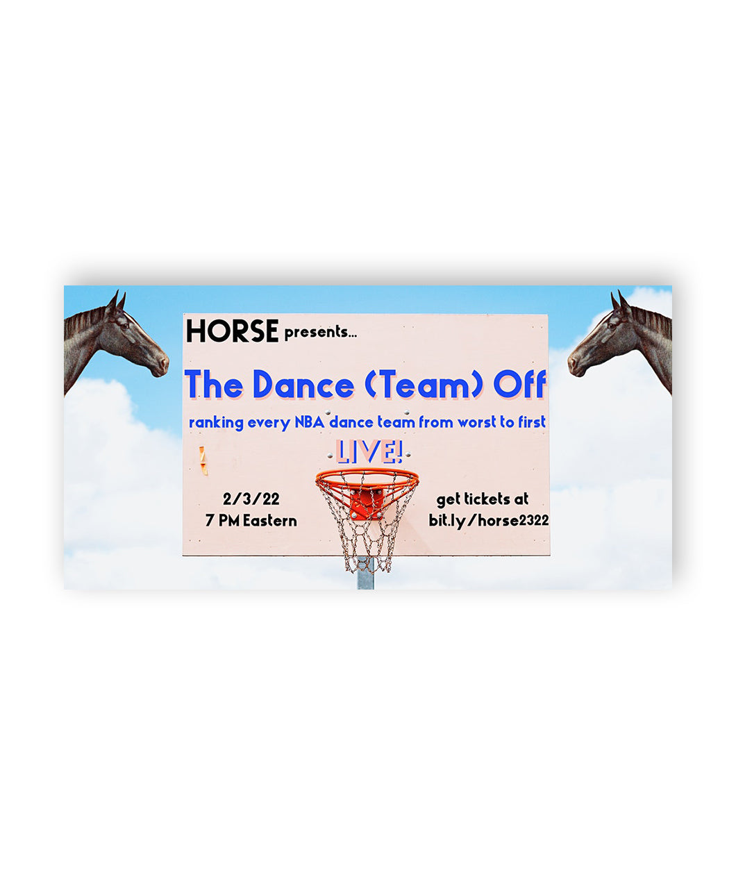A basketball hoop with text on the backboard on a background of clouds that has a horse head on each end - by HORSE
