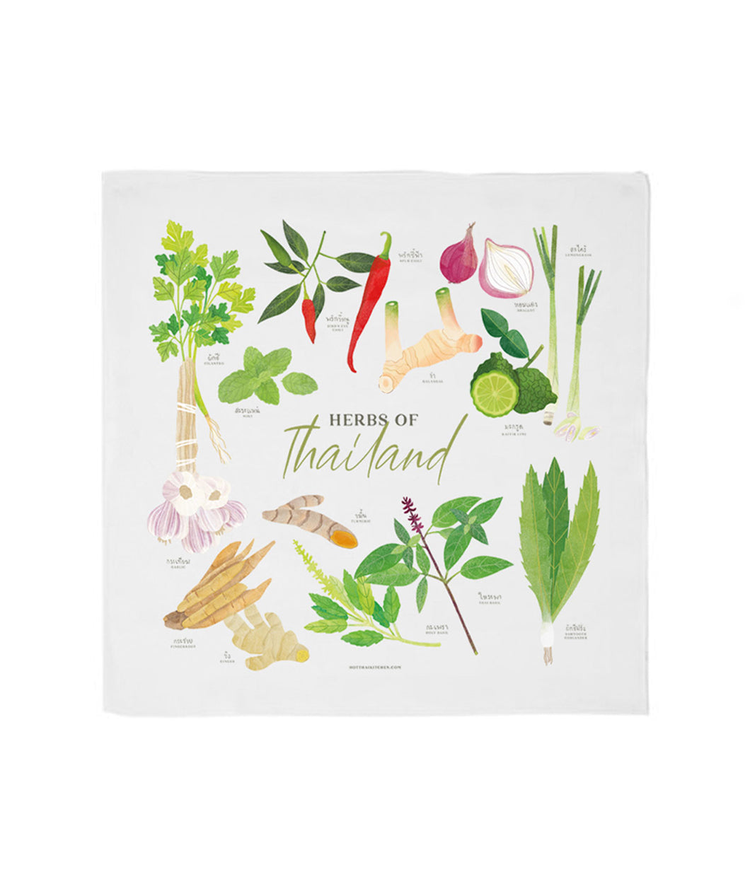 A tea towel from Hot Thai Kitchen showing colorful illustrations of different herbs of Thailand.