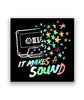 A black pin with a cassette tape dissolving into colorful stars. The words "It Makes a Sound" are written below. 