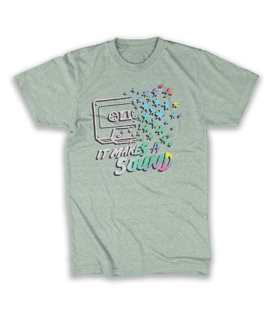A mint t-shirt  with a cassette tape dissolving into colorful stars. The words 