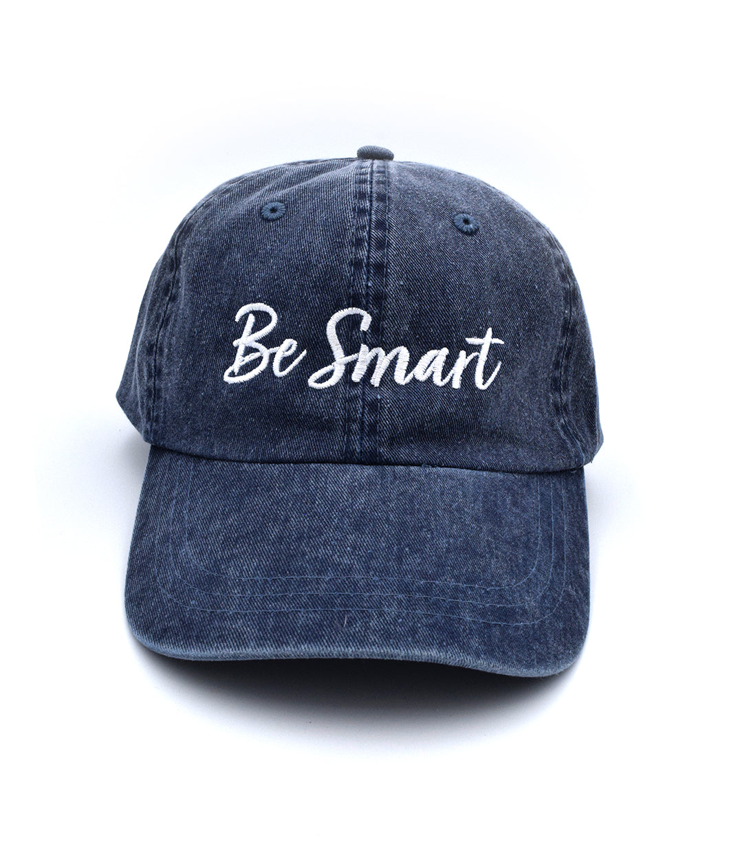Blue denim hat with “Be Smart” in white cursive font on the front - from It’s Okay To Be Smart