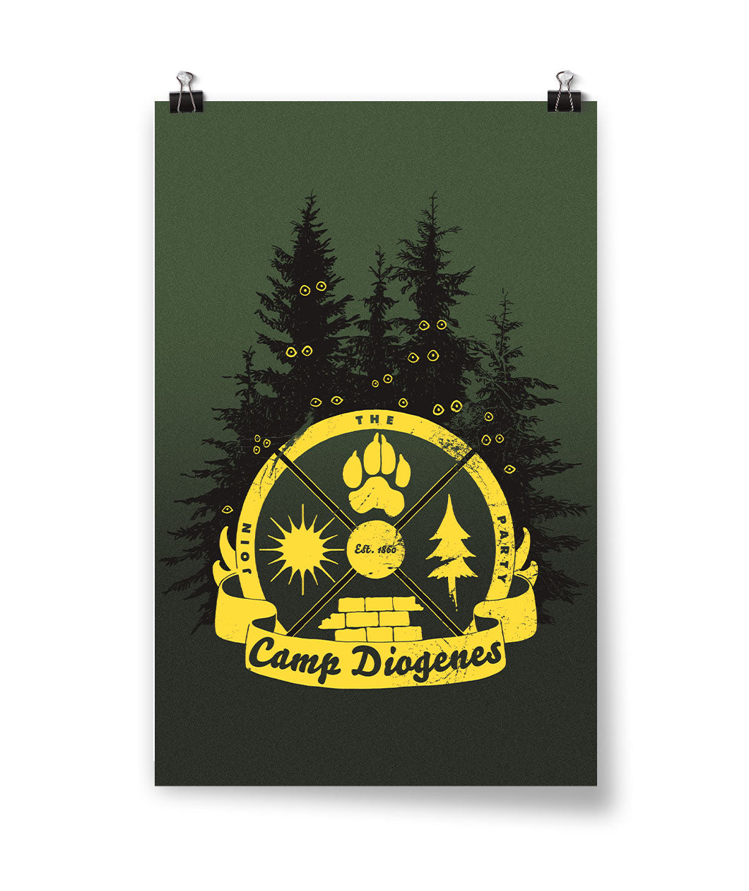 A dark green poster with trees with yellow eyes surrounding a yellow crest with the words 