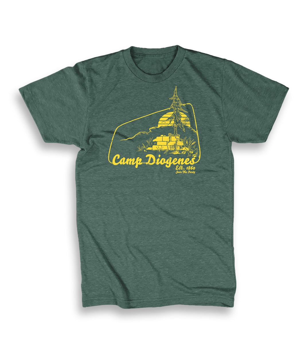 A green shirt with a yellow design of a tree growing from a wall with a sun in the background. It is surrounded by a yellow line and the words "Camp Diogenes; Est 1860; Join the Party". 
