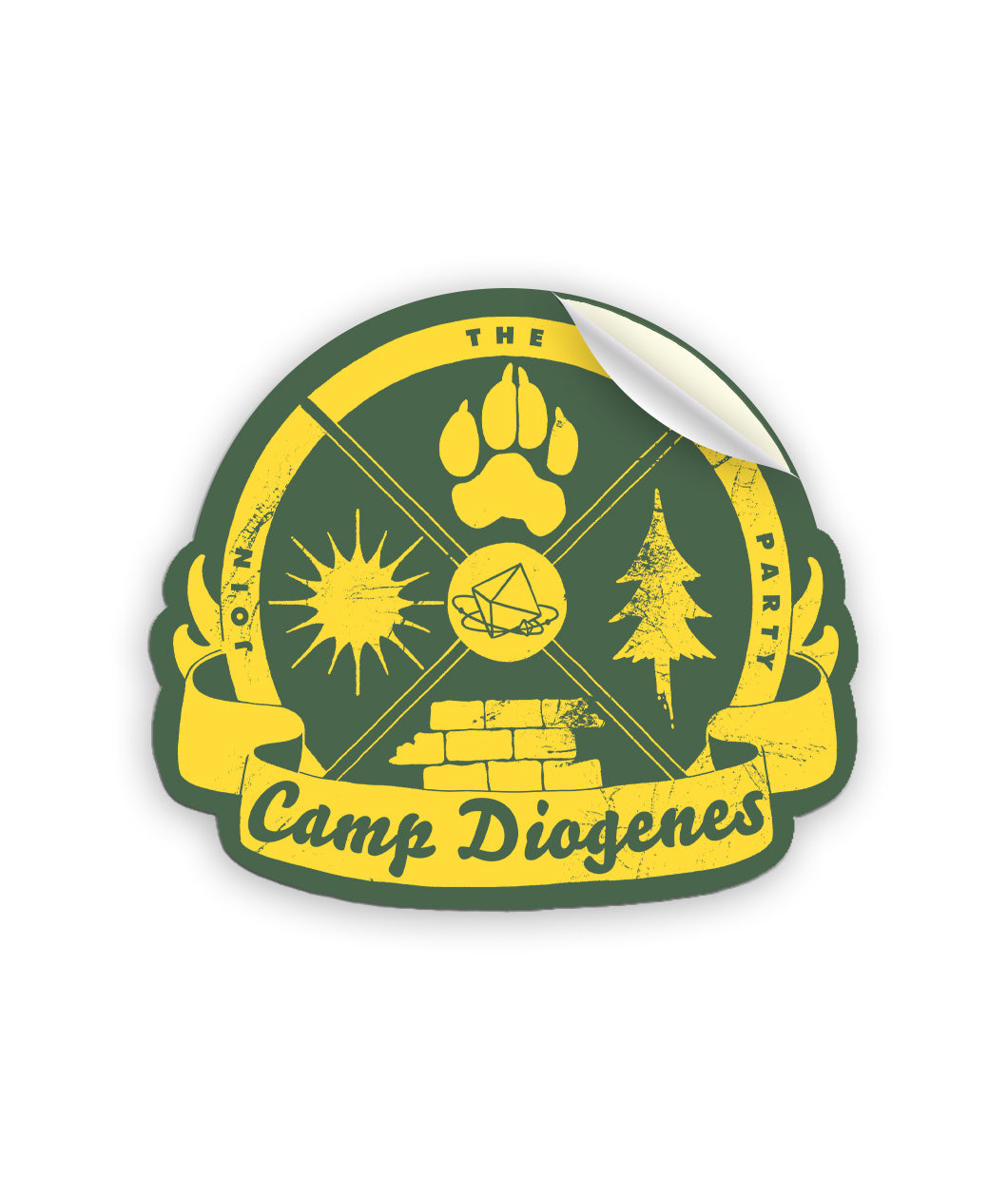 A sticker of a yellow crest on a dark green background that reads "Camp Diogenes" and has a paw print, tree, sun and wall icons as well as the Join the Party logo in the center.