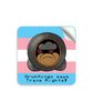 A Grumfungo from Join the Party podcast above pixelated text that says "Grumfungo says Trans Rights!". The background of the sticker is stripes of light blue, pink and white. 