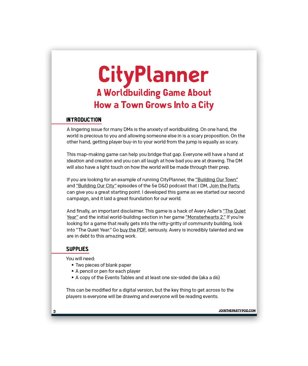 The first page of the Three Short Games to Build Stories from Join the Party titled "CityPlanner". Shows an introduction section and supplies section. 