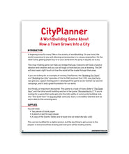 The first page of the Three Short Games to Build Stories from Join the Party titled "CityPlanner". Shows an introduction section and supplies section. 