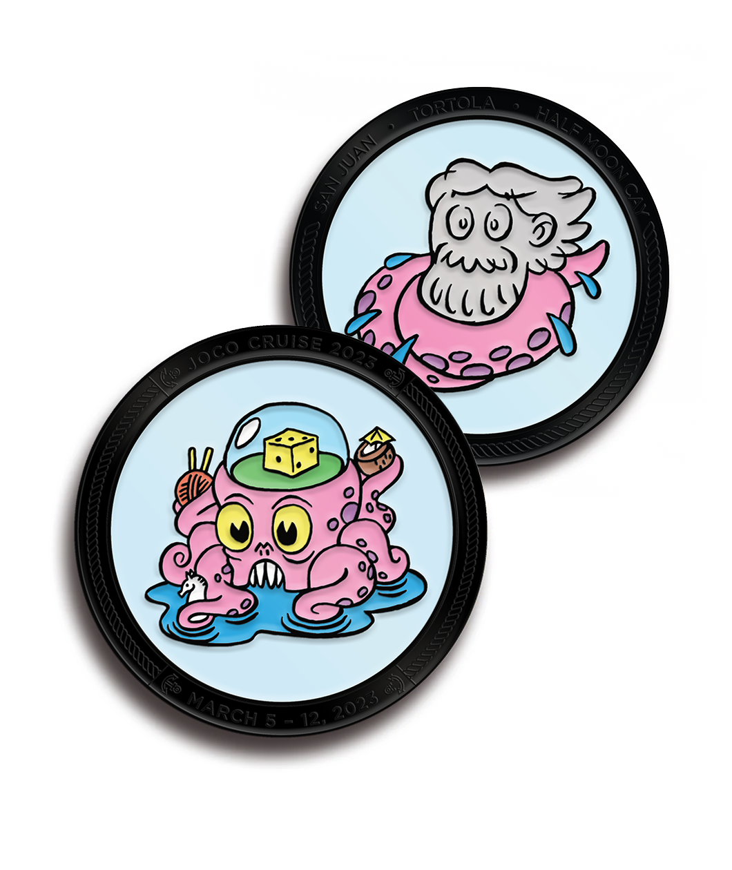 The 2023 Joco Cruise coin is double sided. A pink and purple kraken holding various objects such as a coconut, ball of yarn and seahorse with a die in a dome on its head is on one side . The other side shows a tentacle wrapping around a bearded mans head. 