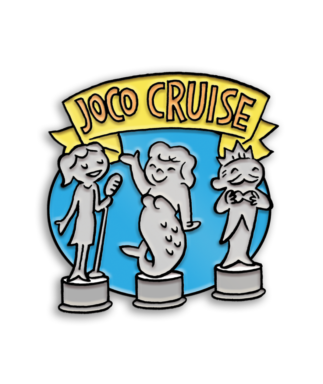 A pin showing a singer, a mermaid and a man with a crown on pedestals under a banner that says "Joco Cruise". 