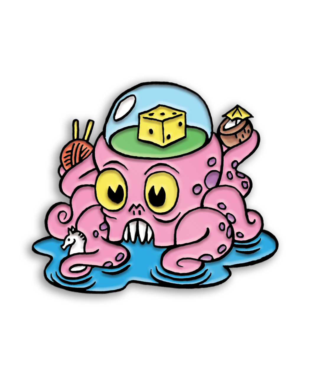 A pink and purple kraken holding various objects such as a coconut, ball of yarn and seahorse. There is a die in a dome on its head. 