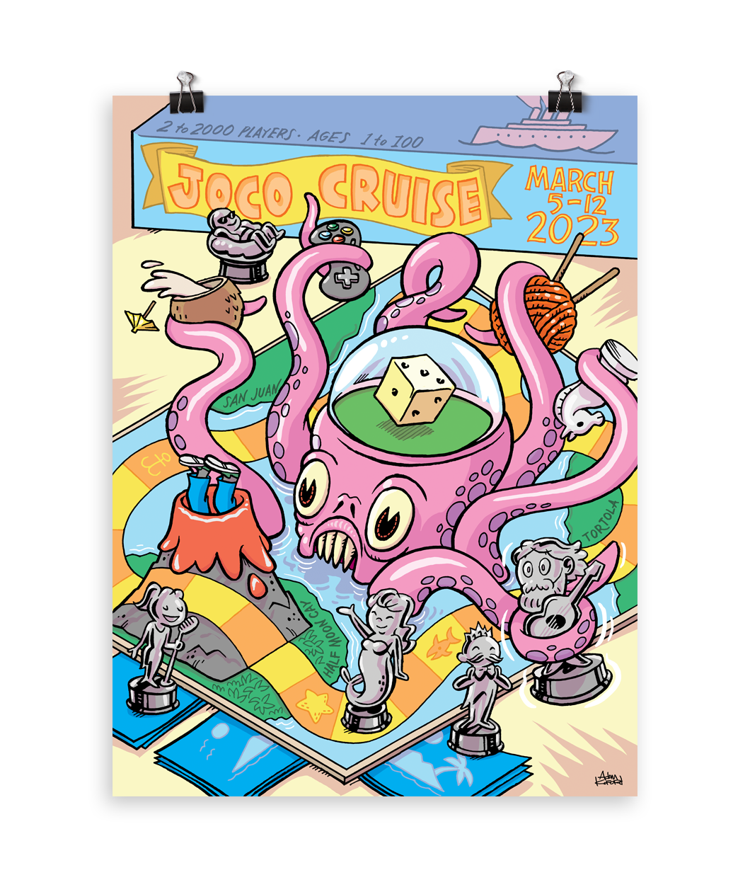The 2023 Joco Cruise poster featuring a pink and purple kraken holding various objects such as a coconut, ball of yarn and seahorse. There is a die in a dome on its head and other statues surrounding it. 