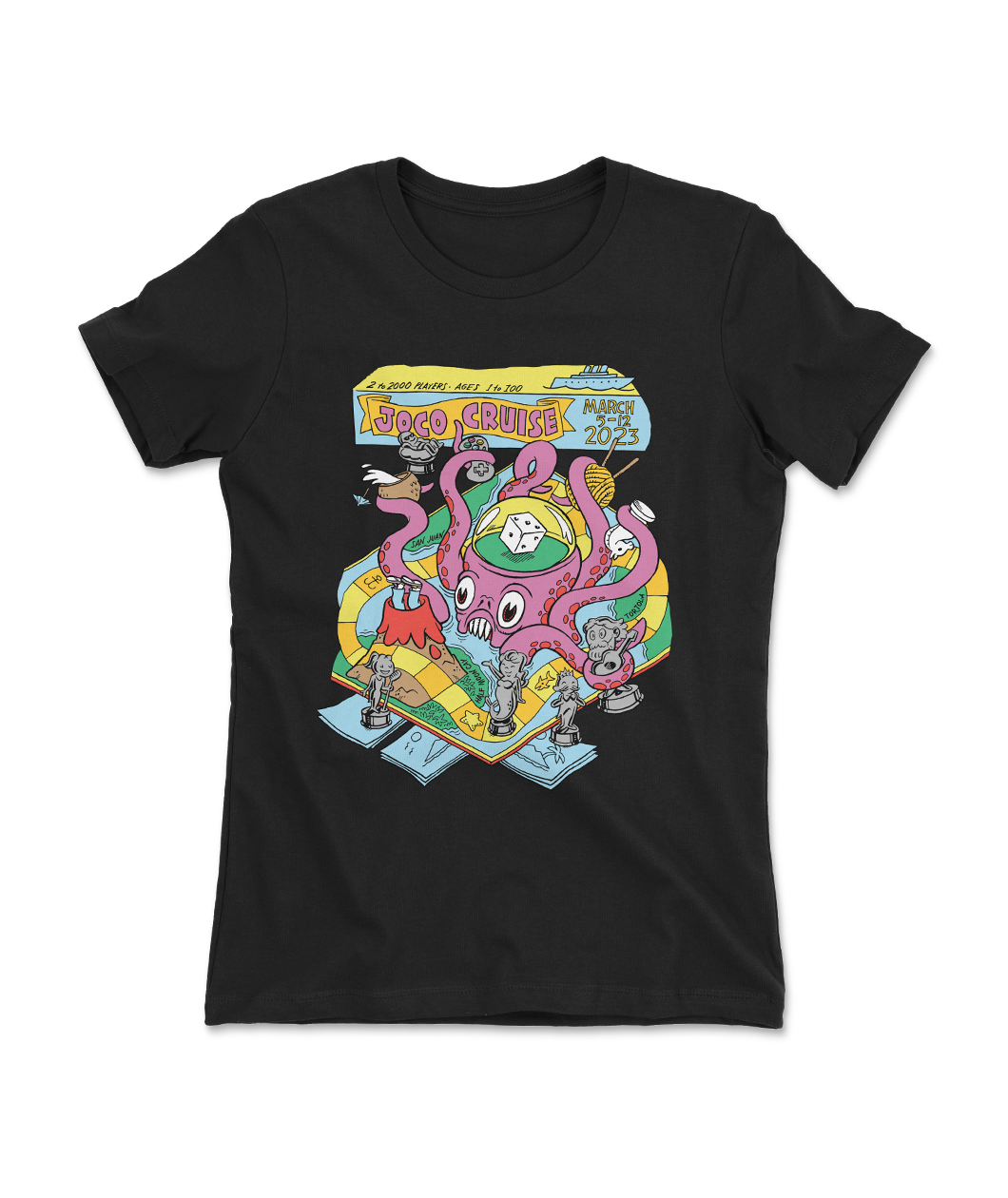A curved black t-shirt with the 2023 Joco Cruise design on the front featuring a pink and purple kraken holding various objects such as a coconut, ball of yarn and seahorse. There is a die in a dome on its head and other statues surrounding it.