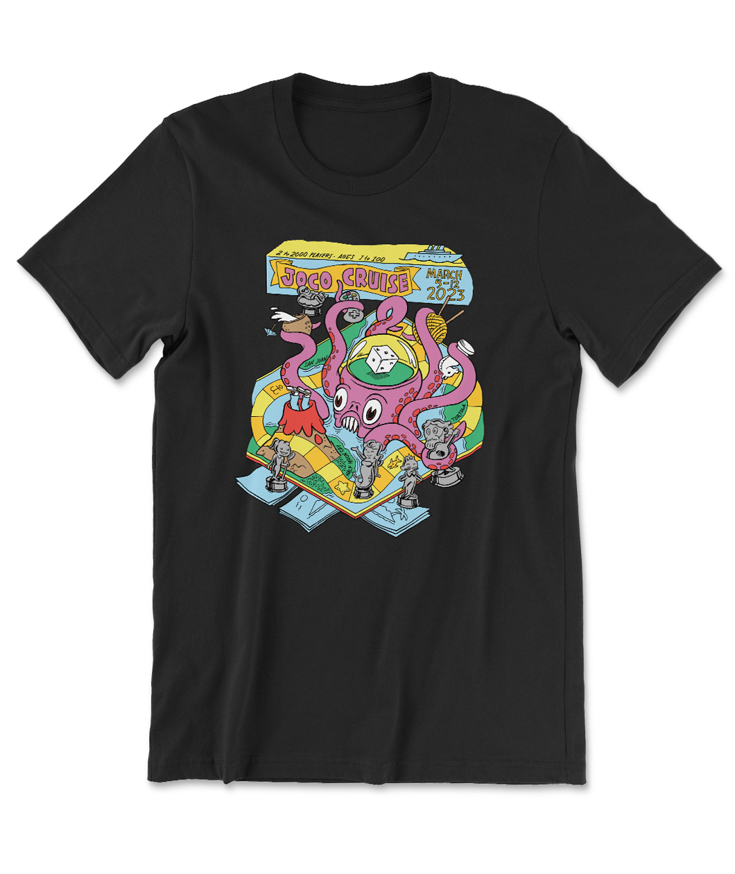 A black t-shirt with the 2023 Joco Cruise design on the front featuring a pink and purple kraken holding various objects such as a coconut, ball of yarn and seahorse. There is a die in a dome on its head and other statues surrounding it.