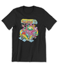 A black t-shirt with the 2023 Joco Cruise design on the front featuring a pink and purple kraken holding various objects such as a coconut, ball of yarn and seahorse. There is a die in a dome on its head and other statues surrounding it.