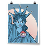 A poster showing the statue of liberty wearing a button that says "Nasty" and wearing a smirking expression. From Karen Hallion.
