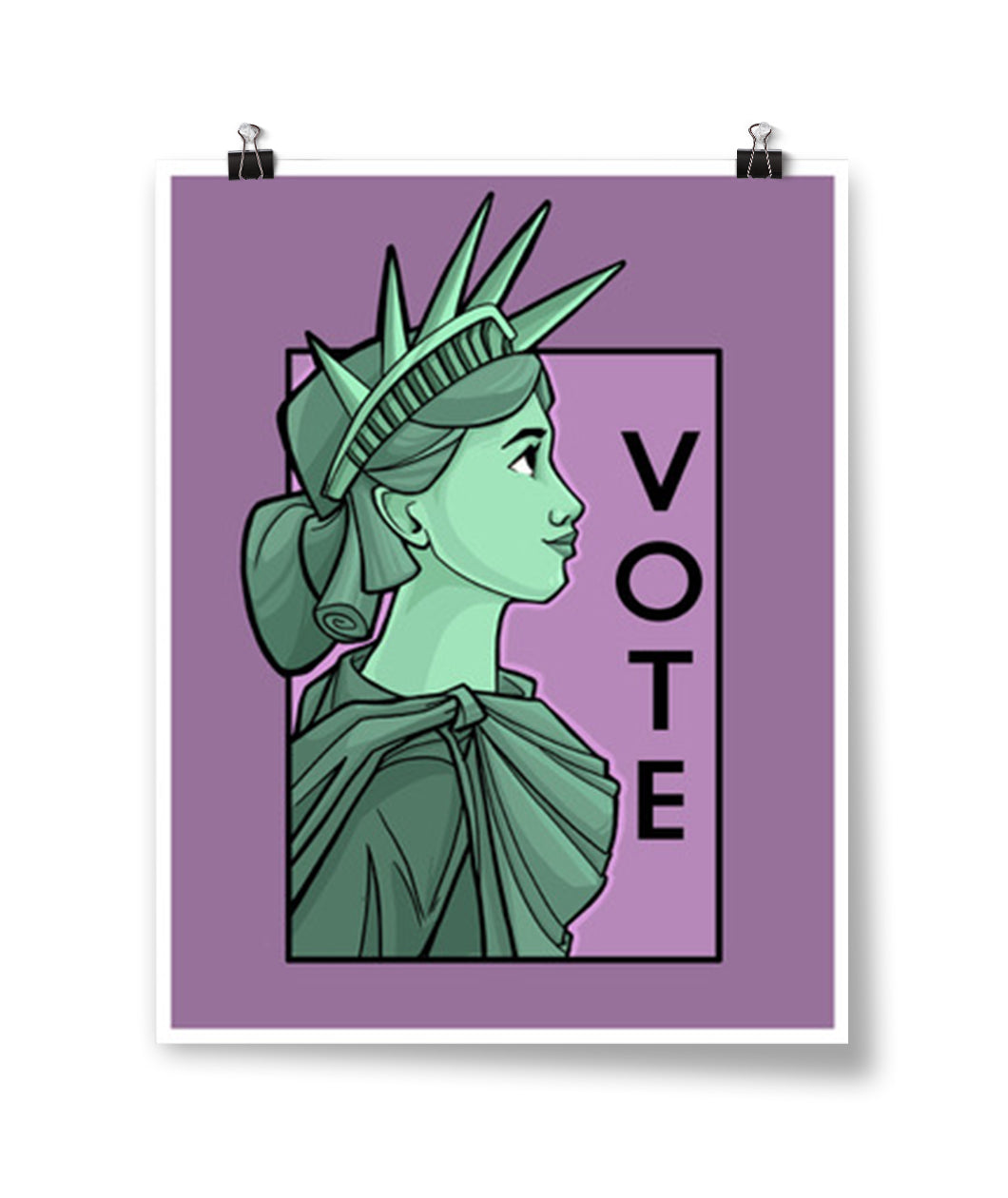 A purple poster from Karen Hallion showing the green, profile of the Statue of Liberty with the word 